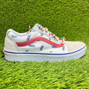 Vans Old Skool All Over Logo Womens Size 8.5 White Red Walking Shoes Sneakers